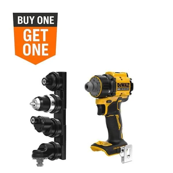DeWALT ATOMIC 20V MAX multi head drill driver with interchangeable attachments and free POWERSTACK battery kit.