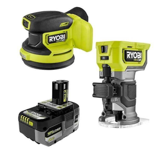 RYOBI ONE+ HP 18V brushless cordless compact router and 5 inch random orbit sander kit with a 4Ah high performance lithium ion battery.