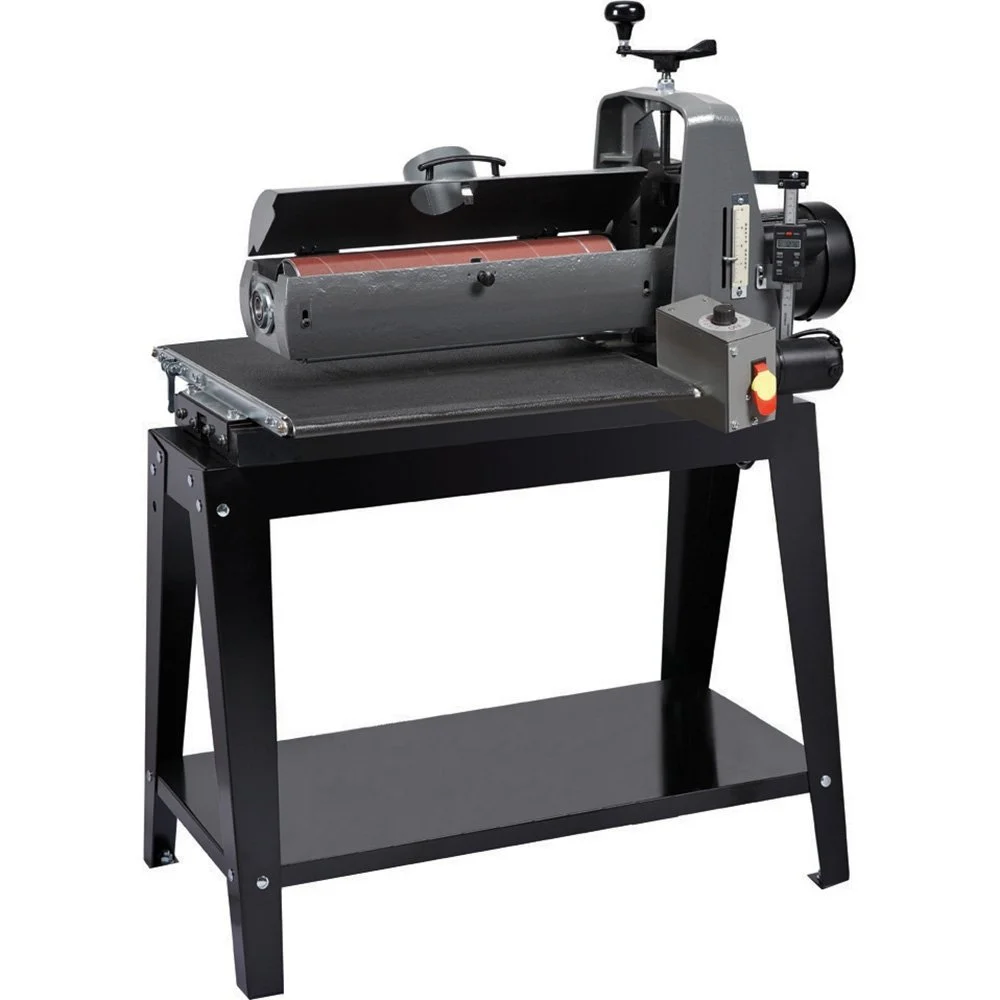 SuperMax 19-38 drum sander with cast iron base, 22 inch conveyor, and metal dust cover