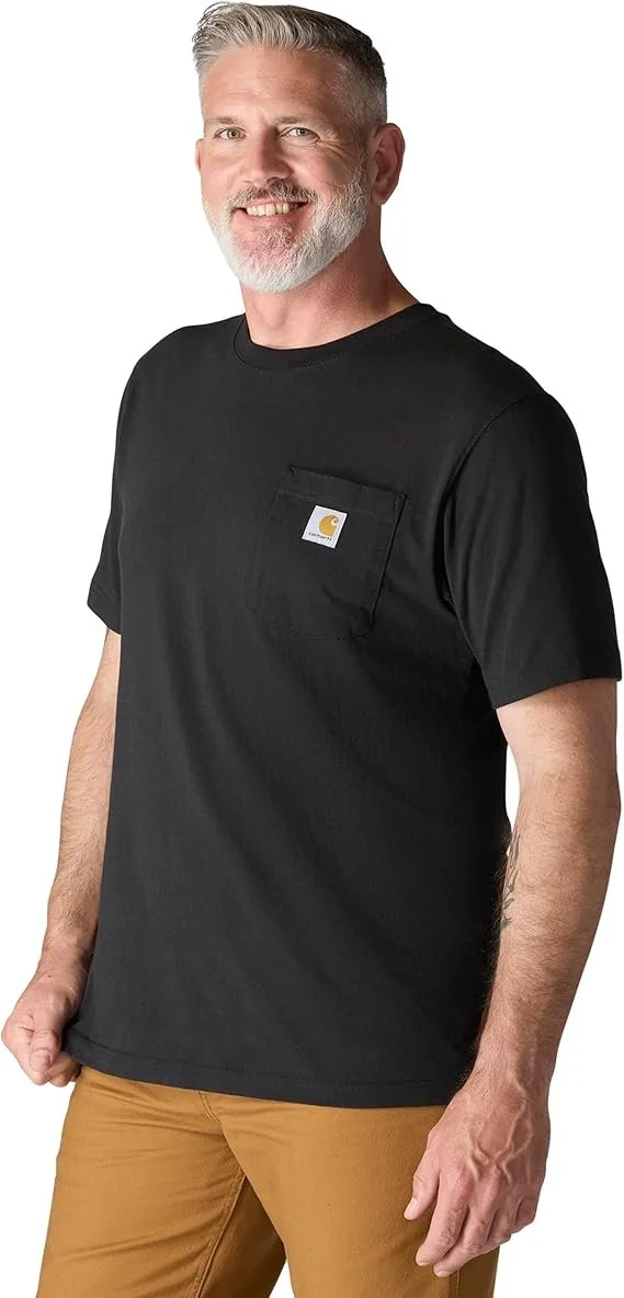 Carhartt Men's K87 Iconic heavyweight cotton pocket t-shirt with rib knit crewneck, tagless label, chest pocket, and loose fit available in multiple colors on sale at Amazon for $14.99
