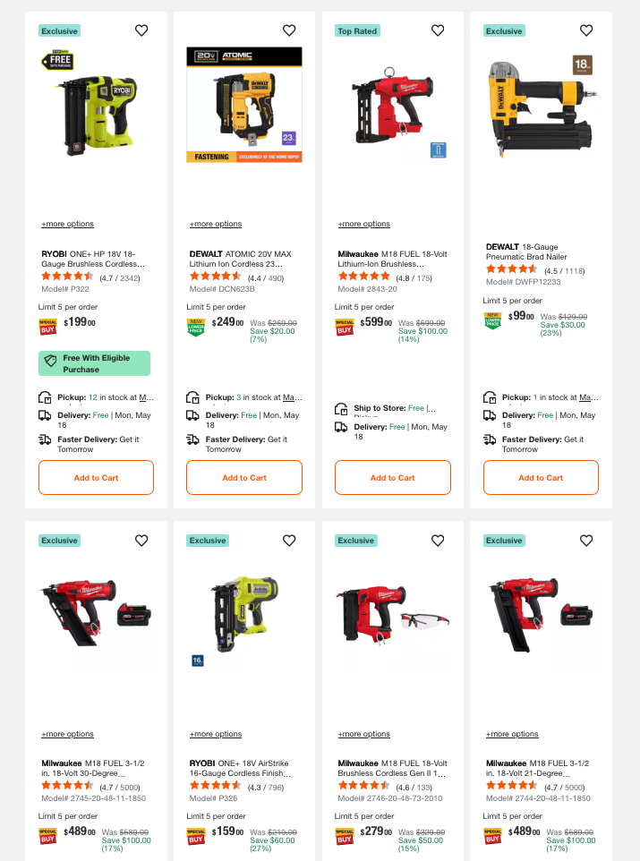 Selection of Milwaukee, RYOBI, and RIDGID cordless and pneumatic nail guns on display for the Home Depot Memorial Day Sale.