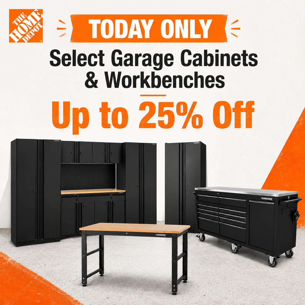Heavy duty steel garage cabinets and a matching modular workbench setup on sale at Home Depot online