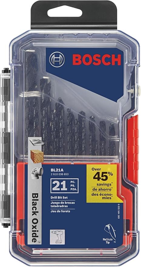 BOSCH BL21A 21 Piece Assorted Set Black Oxide Metal Drill Bits in durable plastic carrying case.