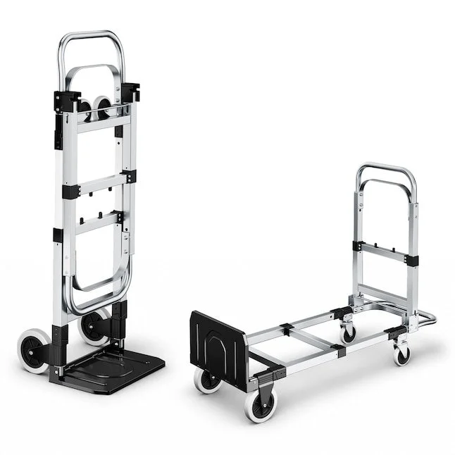 Silvel 2 in 1 aluminum and steel convertible hand truck and dolly cart in silver and black