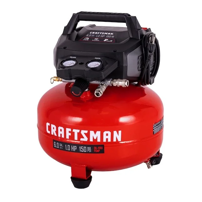 CRAFTSMAN 6 gallon portable electric 150 PSI pancake air compressor on sale at Lowe's for $99 with dual gauges and two quick couplers