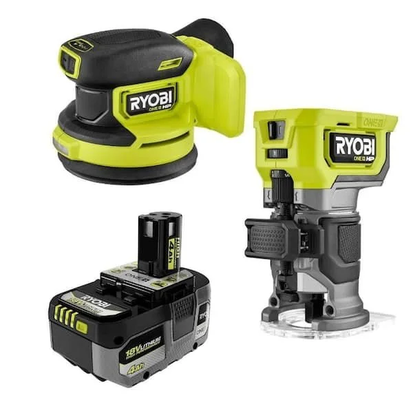 Ryobi ONE+ HP brushless cordless compact router and random orbit sander with 18V battery and accessories.