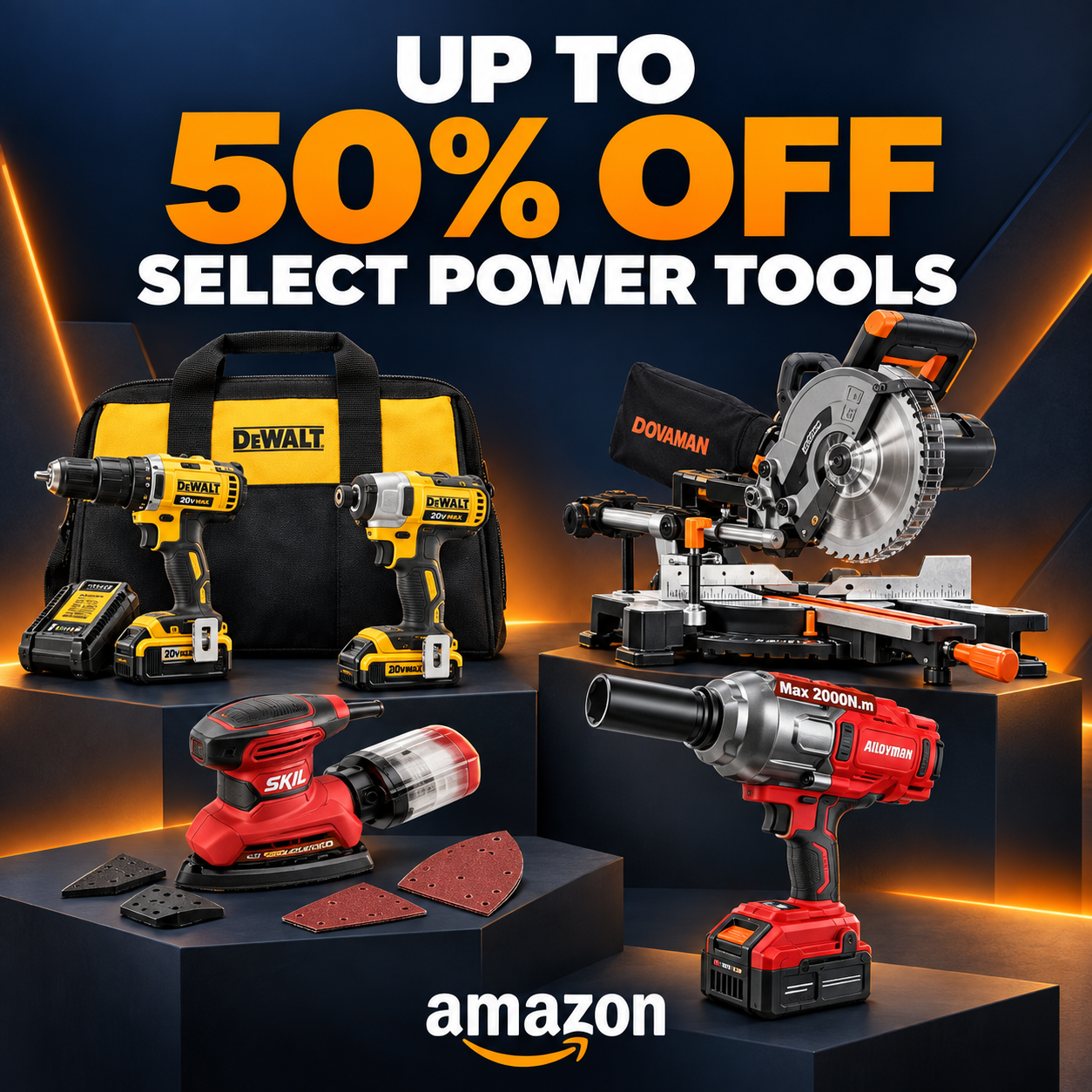 Amazon power tool sale with up to 50% off top brands including Bosch, DeWALT, Stanley, CRAFTSMAN, and Vevor