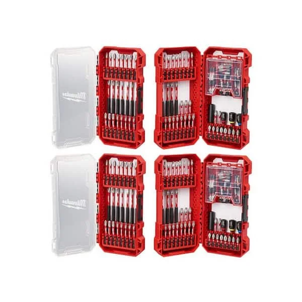 Milwaukee SHOCKWAVE Impact Duty 200 Piece Driver Bit Set in a red and black customizable case showing various Phillips, Robertson, and Torx bits.
