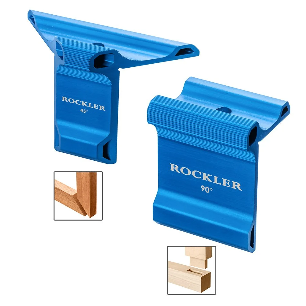 Blue anodized aluminum Rockler Saddle Squares for 90 degree and 45 degree woodworking layout marks.
