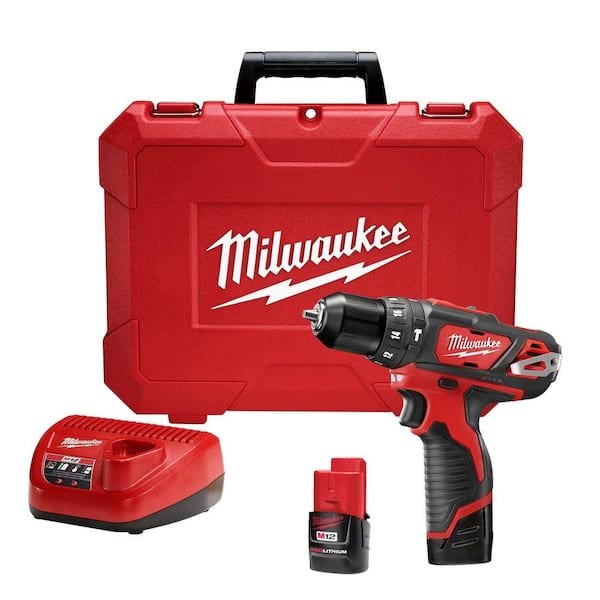 Milwaukee M12 12V Lithium Ion cordless 3/8 inch hammer drill driver kit with two 1.5 Ah batteries and hard case on sale 40% off for $89 today only