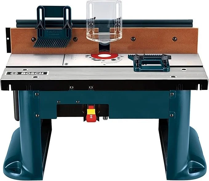 Bosch RA1181 Benchtop Router Table with aluminum top and tall fence system showing 30% off price deal.