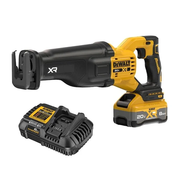 DeWALT XR 20V Max brushless cordless reciprocating saw kit with included charger and bonus XR PowerPack 8Ah battery showing savings deal.