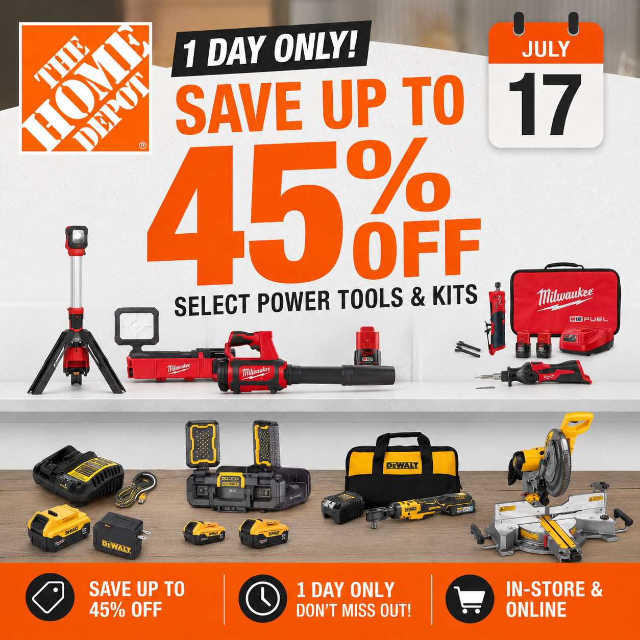 Selection of top brand power tools combo kits and outdoor power equipment on sale at The Home Depot