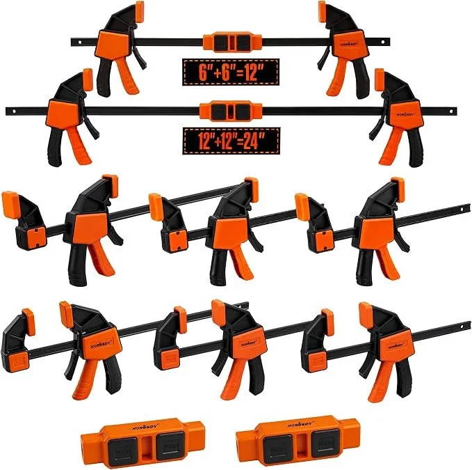 HORUSDY 8 pack bar clamps for woodworking with 12 in. and 6 in. quick release trigger clamps and 2 piece connectors for $29.98 on Amazon