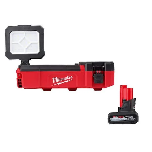 Milwaukee M12 12V cordless PACKOUT flood light with USB charging and 5.0 Ah battery $104 off today only at Home Depot