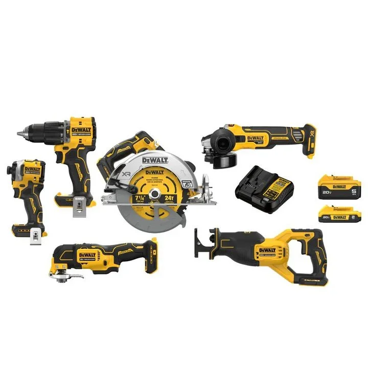 DEWALT 20V MAX 6 Tool Combo Kit with hammer drill, impact driver, circular saw, reciprocating saw, oscillating tool, and grinder on sale for $499 at Acme Tools
