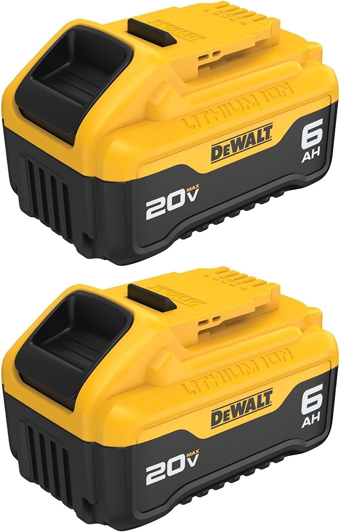 Two DEWALT 20V MAX XR 6Ah lithium ion batteries showing the 3 LED fuel gauge and yellow and black housing.