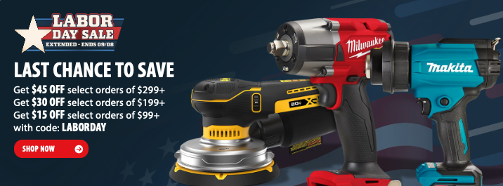 Acme Tools Labor Day promotion graphic showing save up to $45 on orders of $99 or more with code LABORDAY
