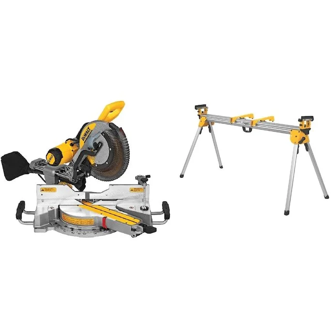 DEWALT 12 inch dual bevel sliding compound miter saw mounted on a silver adjustable aluminum miter saw stand.