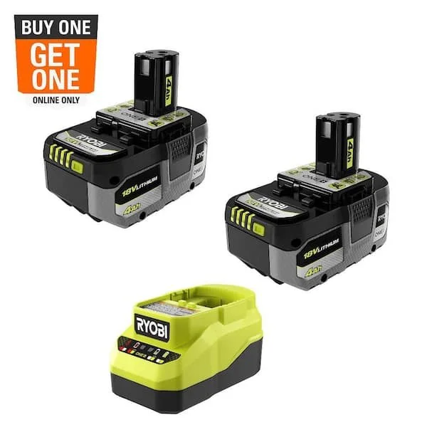 RYOBI ONE+ 18V lithium starter kit with two 4.0Ah batteries PBP004 and charger PCG002