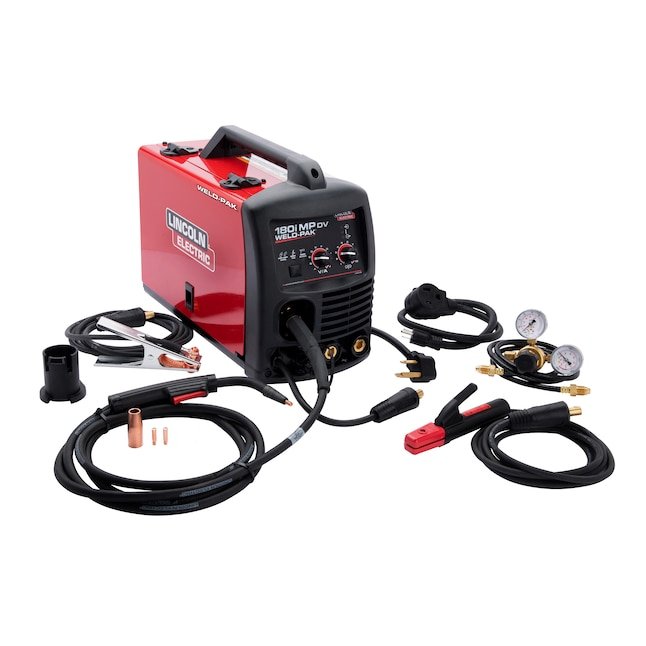 Lincoln Electric 180 amp multi process wire feed welder with 120V and 230V input, MIG gun, cables, and included accessories for MIG, flux core, TIG, and stick welding