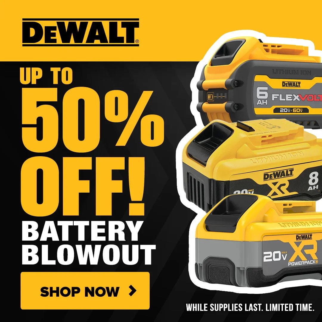 DEWALT 20V MAX and 60V FLEXVOLT batteries and chargers on sale for 50% off.