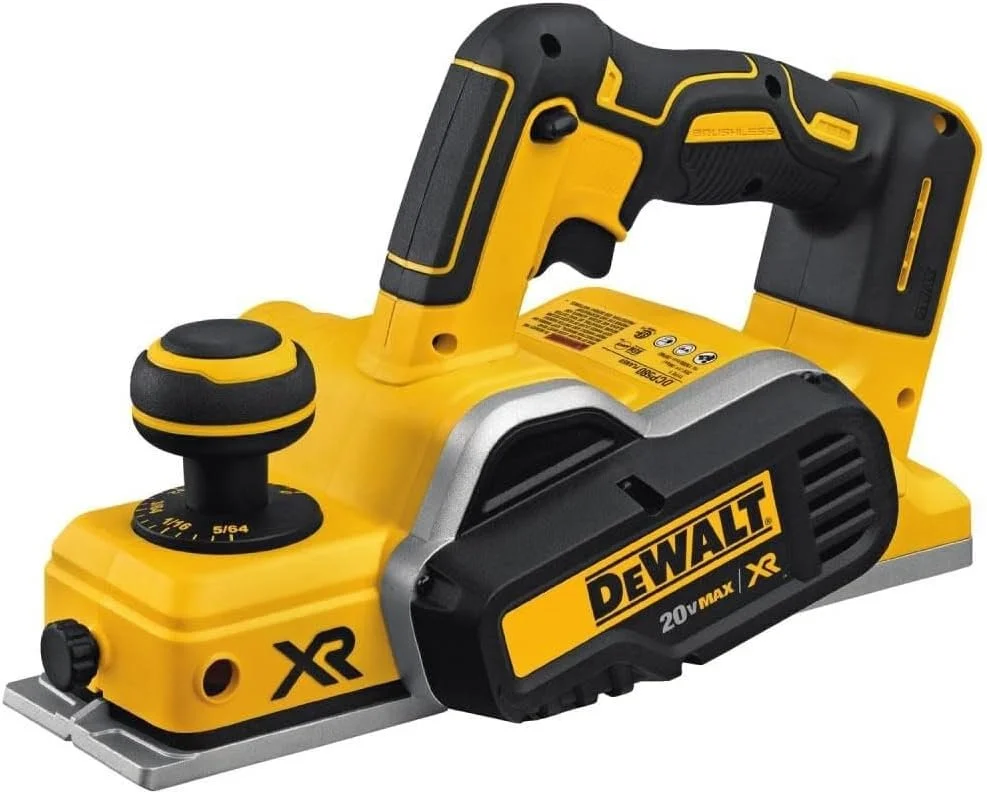 DEWALT 20V MAX Brushless Planer bare tool resting on a wooden workbench