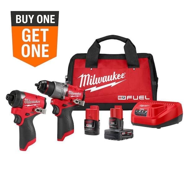 Milwaukee M12 FUEL 12 volt brushless hammer drill and impact driver combo kit with free bare tool offer at Home Depot