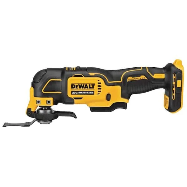 DEWALT ATOMIC 20V MAX brushless cordless oscillating multi tool in signature yellow and black colors with a sanding attachment.