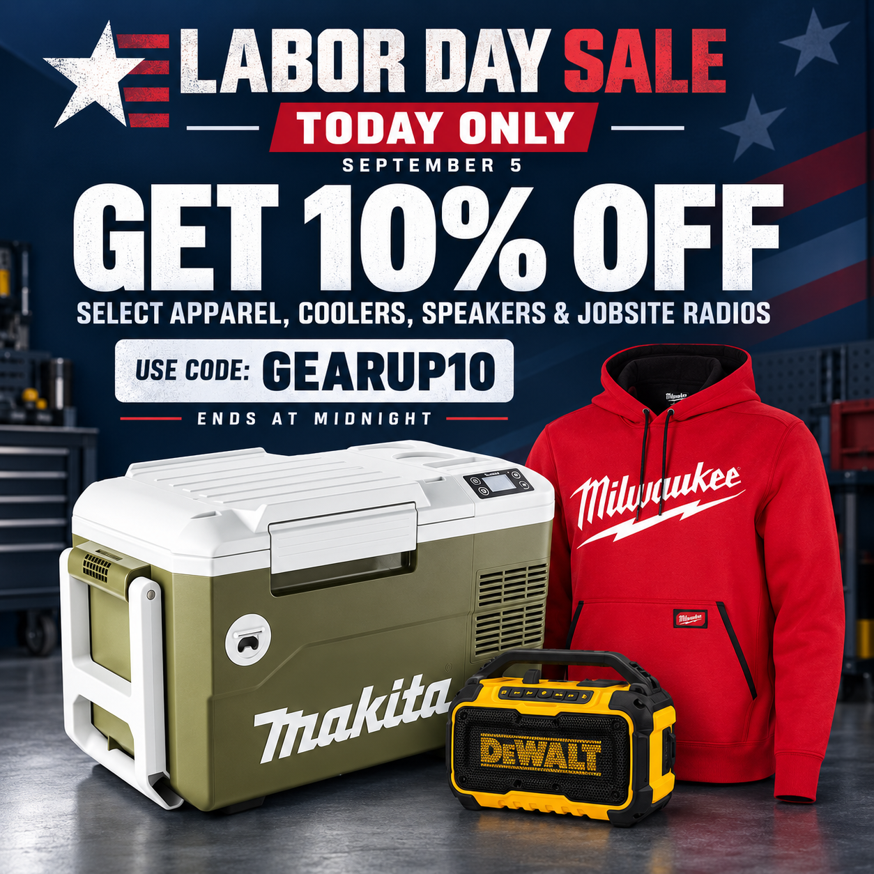 A collection of jobsite radios coolers and protective apparel available at Acme Tools