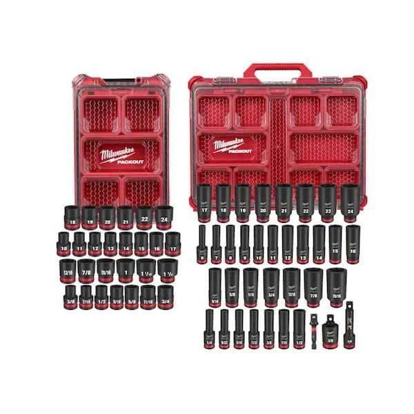 Milwaukee SHOCKWAVE Impact Duty 1/2 in 27 piece PACKOUT socket set with 36 piece 3/8 in set on sale at Home Depot
