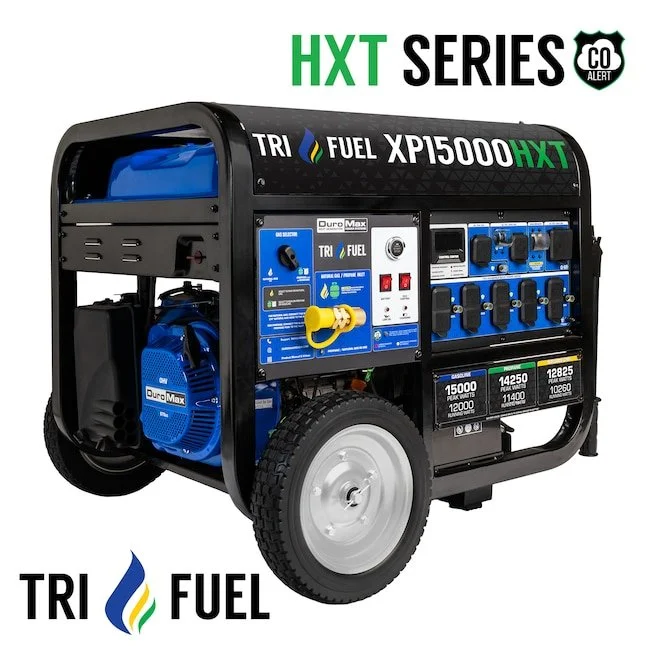 DuroMax XP15000HXT 15000 Watt tri fuel portable generator in blue and black with all metal frame and no flat tires