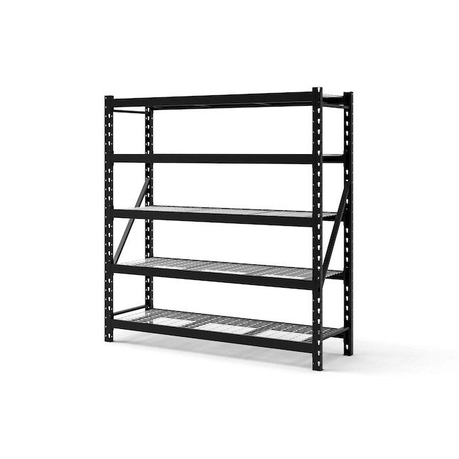 NewAge Products 77 inch 5 Tier Heavy Duty Black Metal Utility Shelving Unit standing empty ready for heavy garage storage