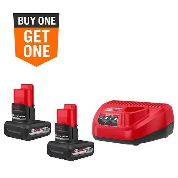 Milwaukee M12 REDLITHIUM High Output XC 5.0Ah battery 2 pack starter kit with charger, free select bare tool with purchase at The Home Depot