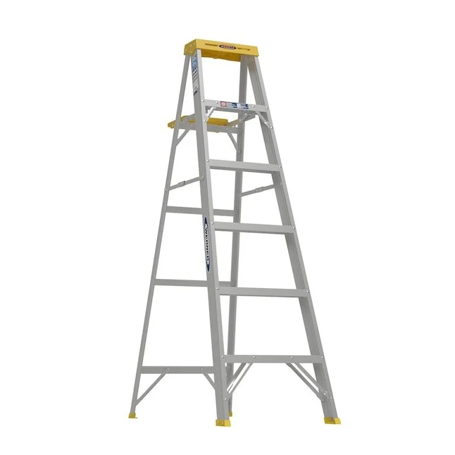 Werner 360 6 foot aluminum step ladder with a 250 pound load capacity and tool tray top shown on a white background.