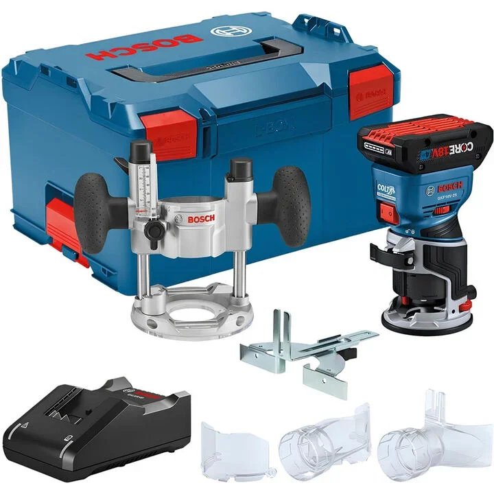 Bosch 18V Brushless Colt Palm Router Kit with free 4.0 Ah battery and 6 piece router bit set promo at Acme Tools