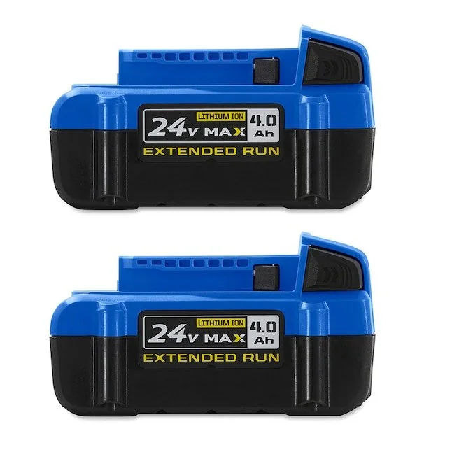 Two Kobalt 24 volt 4 Ah lithium ion batteries sitting next to each other ready for use