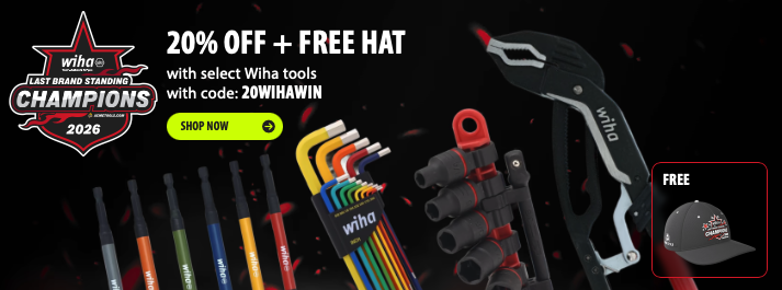 Professional Wiha hand tools laid out on a workbench next to a Wiha Last Brand Standing Champions Hat with a 20% off promo code banner.
