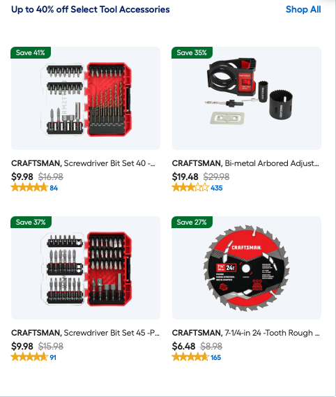 Craftsman forty and forty five piece screwdriver bit sets bi metal door lock kit and carbide circular saw blade on sale at Lowe's