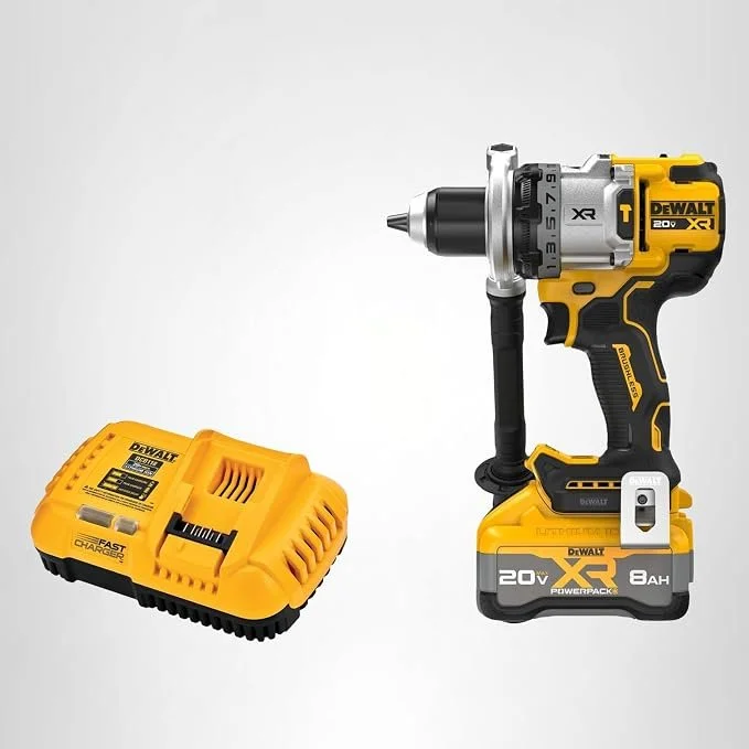 DEWALT 20V MAX XR Brushless Cordless Hammer Drill Kit DCD1007WW1 with 8Ah battery, charger, and 3 speed all metal transmission on sale at Amazon