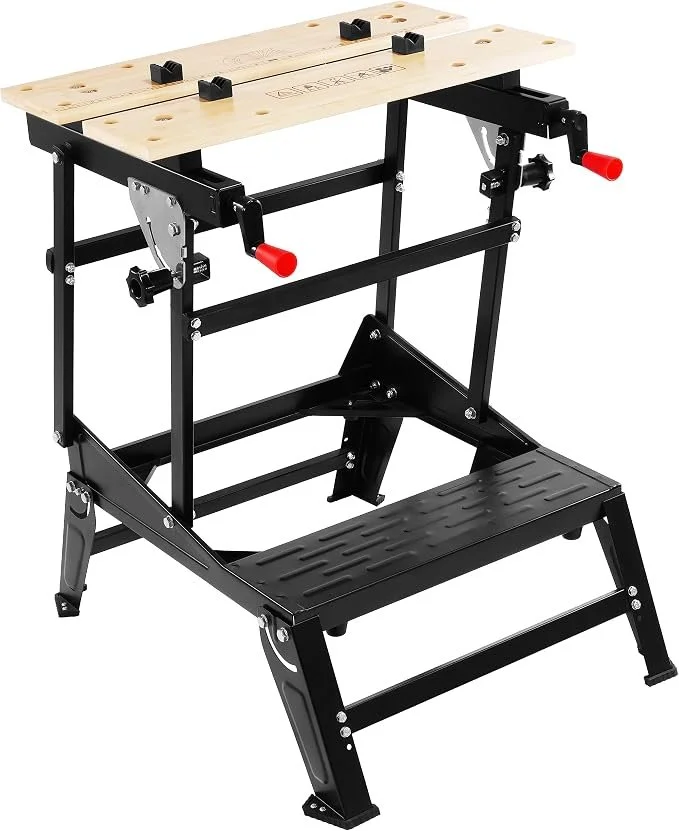 Hulkfit foldable multifunctional workbench with steel frame, adjustable clamps, and height adjustable legs for woodworking and DIY projects
