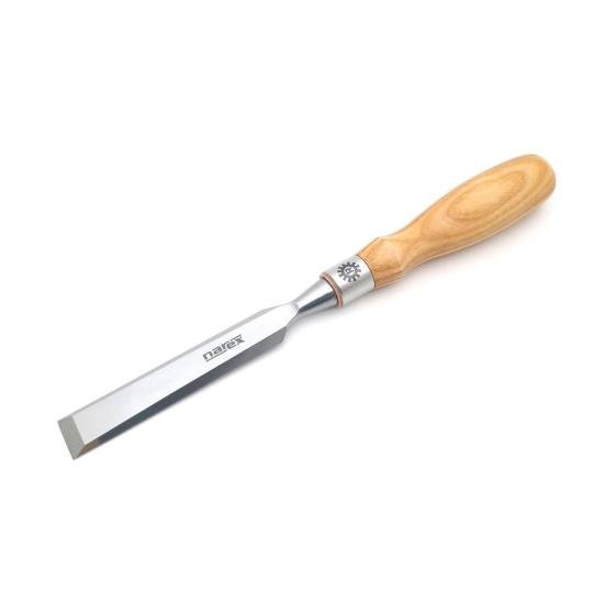 Narex Richter Extra Bevel Edge Chisel with light colored ash wood handle and polished steel blade on a wood workbench.