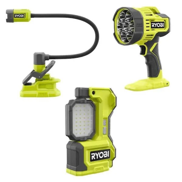 RYOBI ONE+ 18V cordless lighting combo kit with LED magnetic task light, LED spotlight, and flexible LED clamp light on sale for $72.33 at The Home Depot