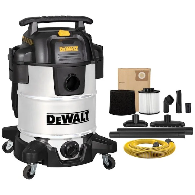 DEWALT 10 gallon 6.5 HP corded wet dry shop vacuum with carrying handle, swiveling casters, hose, and included accessories