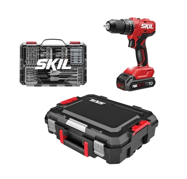 SKIL PWR CORE 20 Brushless Hammer Drill Kit with 2.0Ah battery, charger, and 75 piece drill and drive bit set in a black carrying case.