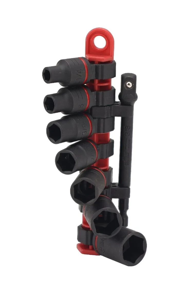 Wiha 8 piece SAE impact socket set on a black swivel storage rail with a 1/4 inch hex to 3/8 inch square adapter