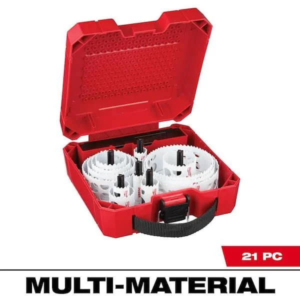 Milwaukee Hole Dozer 21 piece bi metal general purpose hole saw set in a heavy duty red carrying case.