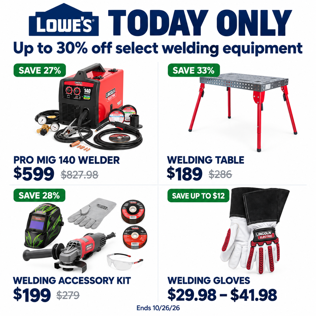 Lincoln Electric PRO MIG 140 welder model K2480-1 next to a welding table and safety gear