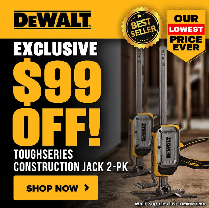 DEWALT DWHT83550 ToughSeries construction jack 2 pack with 340 lb capacity and 8 3/4 inch lift height on sale for $159