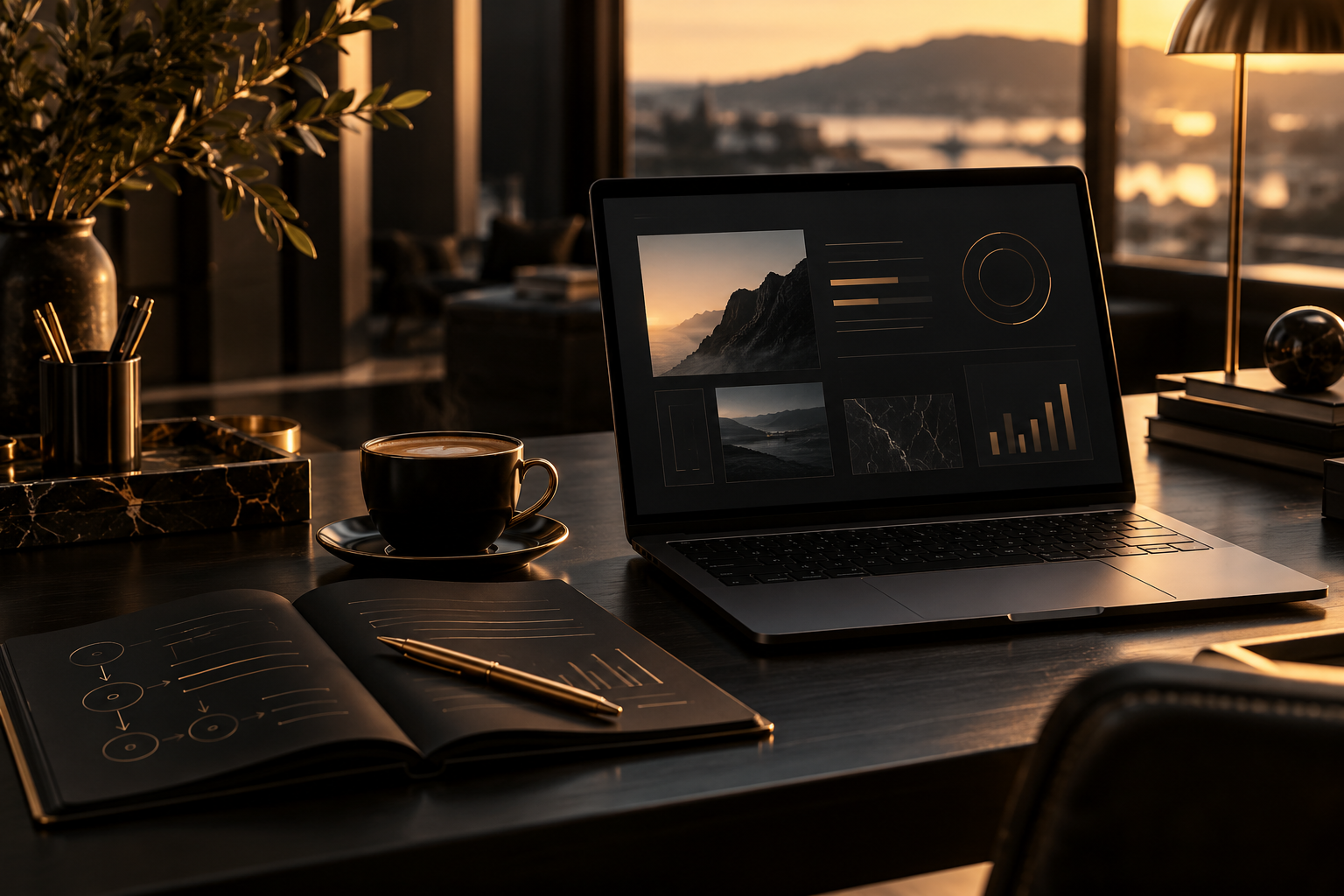 Cinematic black and gold strategy workspace with laptop, notebook, and gold pen